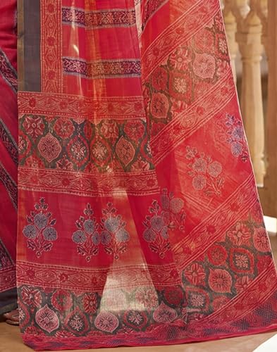 Image of SIRIL Women's Printed Cotton Linen One Minute Ready to Wear Saree With Unstitched Blouse Piece