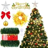 Hungdao 93 Pcs DIY Lighted Wall Christmas Tree Set 75ft Pre-Decorated Christmas Tree with Treetop Decorations Wall Hanging Ornaments