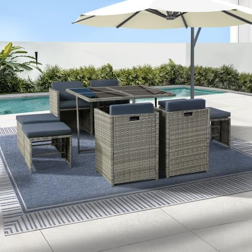 Gardeon 9-Piece Outdoor Dining Set, Rattan Wicker Lounge Chairs and Table, Stylish Patio Conversation Furniture for Garden and Backyard, with Cushions and Storage Cover, for Outdoor Entertaining Grey