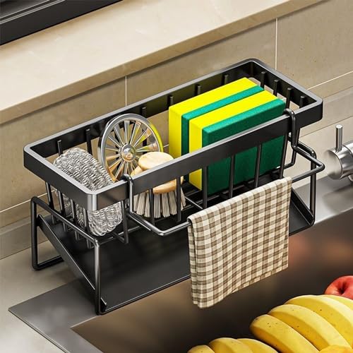 WUISOLQP Kitchen Sink Caddy Organizer Kitchen Drain Rack Sponge Holder with Automatic Drain Tray Sink Caddy Cleaning Products Organiser for Storage Dish Rag Sponge Soap Brush Scrubber (Black)