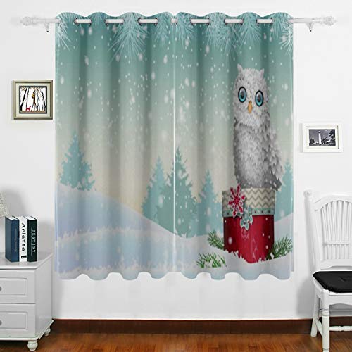 Preisvergleich Produktbild JIUCHUAN Verdunkelungsvorhänge für Schlafzimmer Weihnachtsthema Niedliche weiße Eule Sitzen Wärmeisolierte Fenstervorhänge Paneelvorhänge Wohnkultur Vorhang 1 Paar