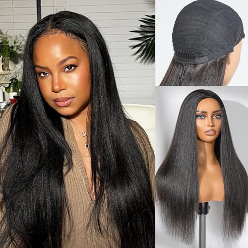 LUVME HAIR Half Wig Yaki Straight Flexi-Fit Invisi 3 in 1 Wigs Flip Over Drawstring Wig Glueless Wigs 100% Human Hair Natural Black Ready to Go Headband Wig for Women 16 Inches