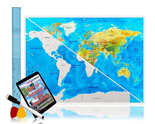 Scratch Off Map Of The World Poster with US States Outlined - Deluxe Detailed Cartography Great For Travelers - Perfect For Home Decor 32.5 x 23in