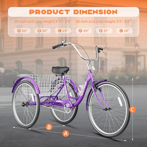 Image of Max4out Adult Tricycle with Large Basket 24 /26 Inch, Stable 3 Wheel Cruise Bicycle for Shopping, Beach and City Trike Perfect for Men, Women, Seniors（Blue /Purple /Red）