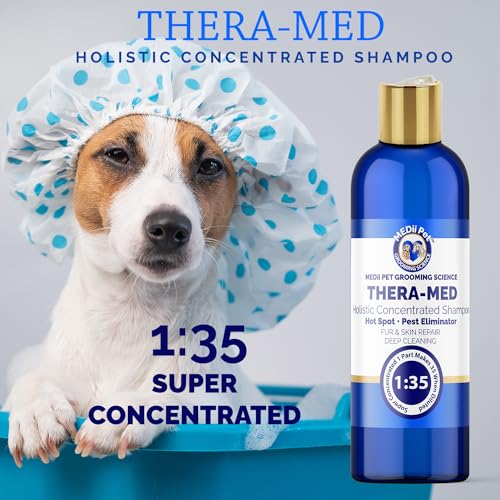 Image of THERA-MED Hypoallergenic Dog Shampoo - Natural Scent, Easy Rinse, Medicated Itch Relief, Vet-Grade Quality - 16 Oz Makes 4 Gallons - for Sensitive Dogs - Trusted Grooming Solution