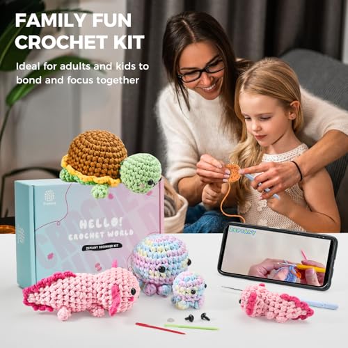 Image of Crochet Kit for Beginners, 5 Pack Amigurumi Beginner Crochet Kits Animals, Crochet Turtle Axolotl Octopus Crocheting Kit, Easy Knitting Kit for Beginners with Step-by-Step Video Craft Kits for Adults