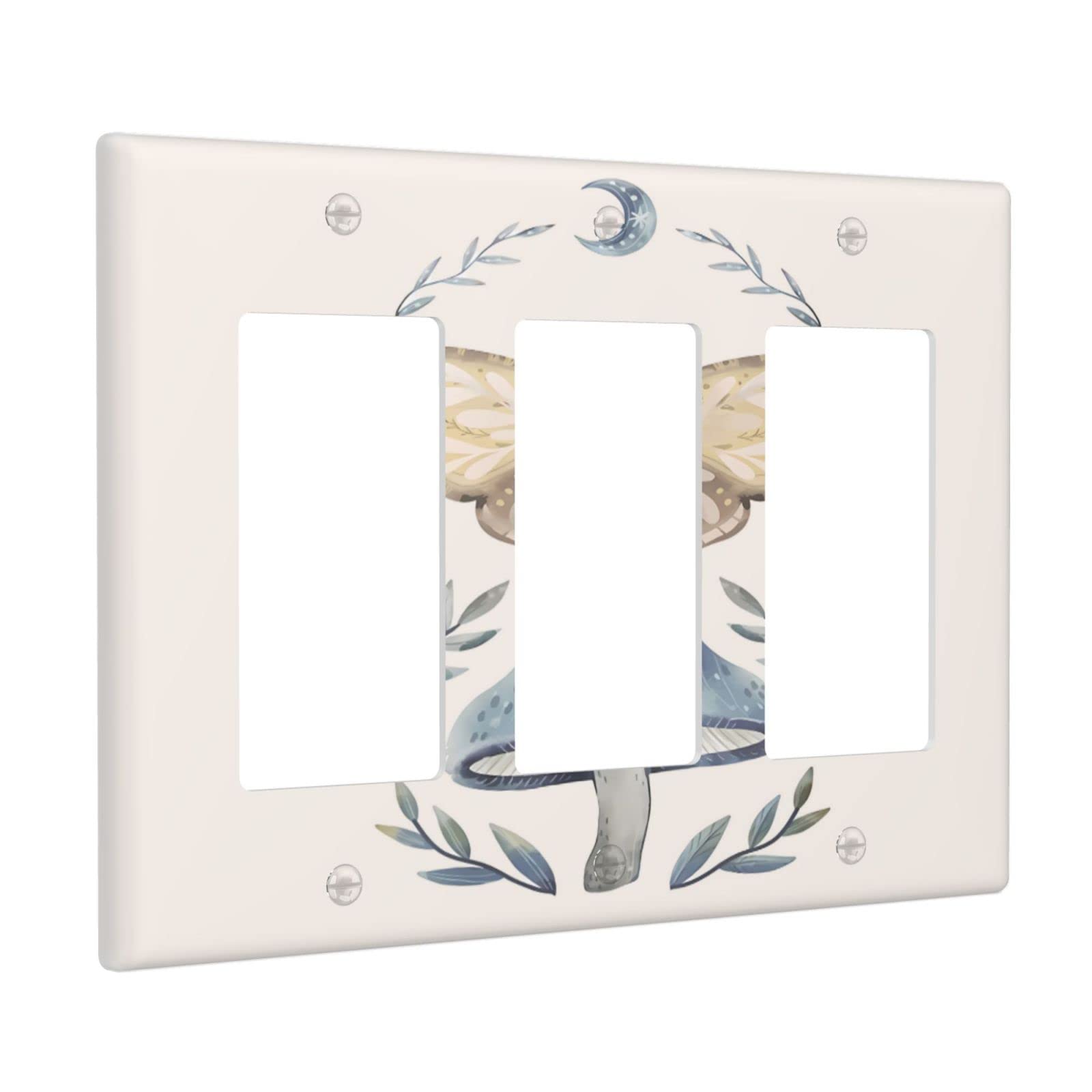 Beige Mid Century Boho Moth Blue Mushroom Triple Rocker Light Switch Cover 3 Gang Decora Wall Plate Decorative Electrical Switchplate GFCI Outlet Faceplate for Bathroom Bedroom Decor