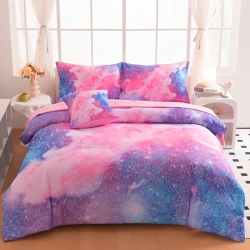 Image of Galaxy Girls Twin Bedding Set, 6 Pcs Twin Szie Comforter Set with Sheets, Glitter Pink Purple Bedding Set for Girls Kids