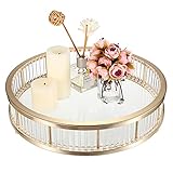 Hipiwe Gold Metal Perfume Tray - 12' Round Vanity Makeup Tray Jewelry Trinket Organizer Tray Coffee Table Decorative Tray Dresser Bathroom Tray with Acrylic Column Decor and Clear Glass Base