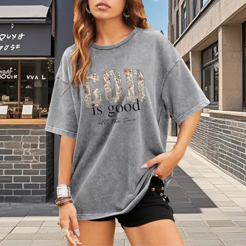 Image of Christian God is Good Shirts for Women Jesus Faith Religious T Shirts Floral Graphic Oversized Acid Washed Tee Tops