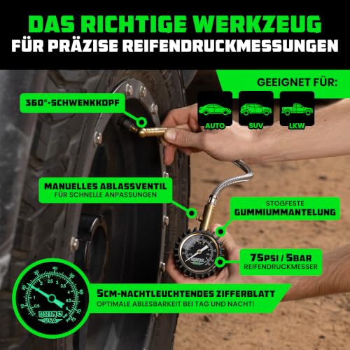 Image of RHINO USA Heavy Duty Tire Pressure Gauge (0-75 PSI) - Certified ANSI B40.1 Accurate, Large 2 inch Easy Read Glow Dial, Premium Braided Hose, Solid Brass Hardware, Best For Any Car, Truck, Motorcycle
