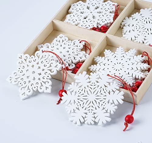 AOMOWA Wooden Snowflakes, 12PCS White Christmas Tree Decorations Hanging Snowflake Pendants for Winter Holiday Home Decor Kids Paint Crafts