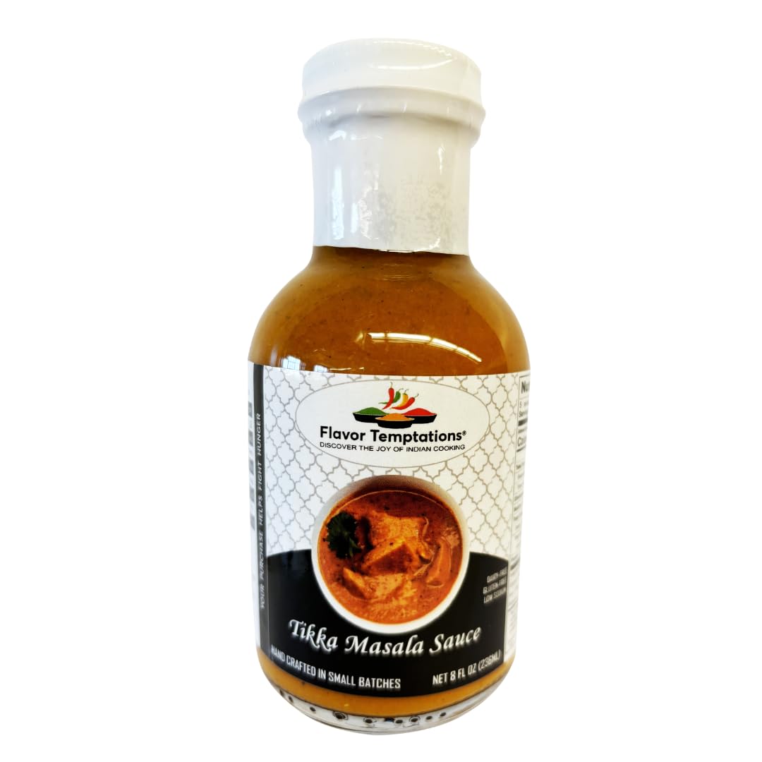 Tikka Masala Indian Curry Simmer Sauce by Flavor Temptations | Easy Recipe, Vegan, Gluten-free, Low Sodium (8 FL Oz Glass Bottle)