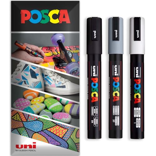 Posca - Rotulador permanente a base de agua, multiuso en superficies, PC-5M, paquete de 3 bolígrafos en cartera (negro, gris, blanco)