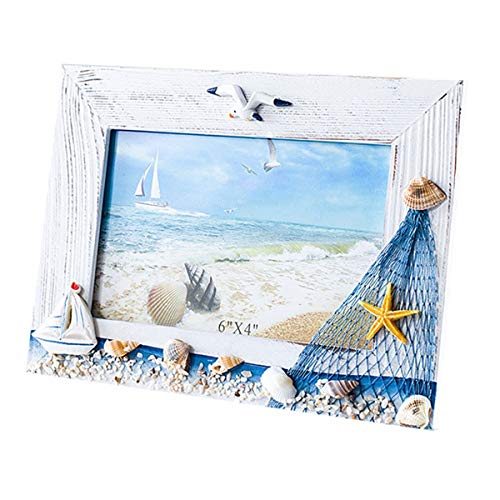 JANOU Mediterranean Photo Frame Wooden Picture Frame Wooden Photo Frame Holder for Nautical Beach Themed Home Coffee Shop Decoration 6x4 Inch