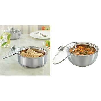 Borosil Stainless Steel Insulated Roti Server, 2.5 litres, Silver + Borosil Stainless Steel Insulated Curry Server, 1.5 litres, Silver