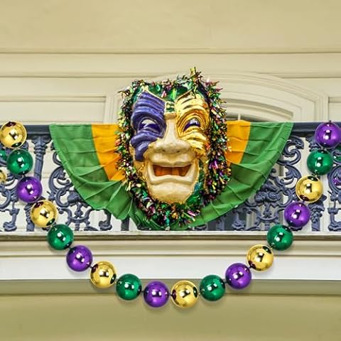 VioraWhite 9.84ft Jumbo Mardi Gras Beads Garland Decoration Metal Gold Green Purple Hanging Banner for Outdoor Indoor Carnival Parade Party Front Door Fence Wagon Garden Decorations Cover
