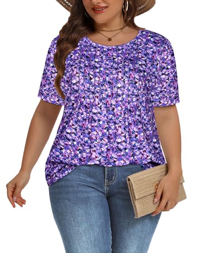 Image of Plus Size Tops for Women Pleated Summer Top Trendy Short Sleeve Shirts Casual Basic Tee Crew Neck Blouses 2026