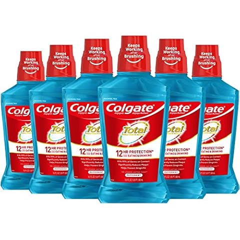 Colgate Total Pro-Shield Alcohol Free Mouthwash, Antibacterial Formula, Peppermint - 500 mL, 16.9 fluid ounce (6 Pack)
