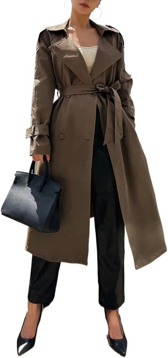 Women's Trench Coat Casual Long Sleeve Belted Double Breasted Raglan Sleeve Trench Coat Classic Overcoat