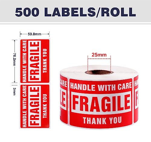 Image of Fragile Stickers for Shipping Moving Boxes 2000 Fragile Labels 2 x 3 Inch Fragile Tape for Shipping Handle with Care Sticker-4 Rolls, Red