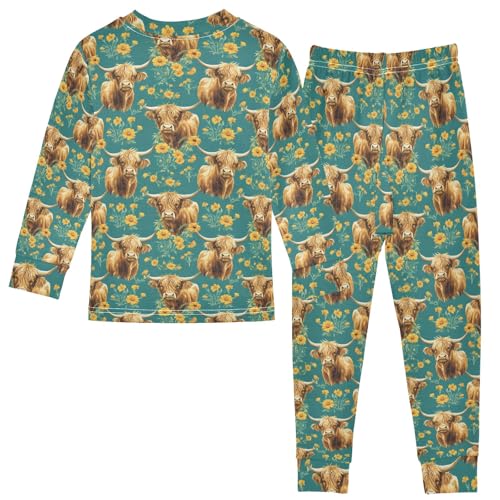 Highland Cattle Chrysanthemum Pattern Cute Pajama Sets Long Sleeve Top and Pants, Snug Fit Sleepwear for Night Wears2