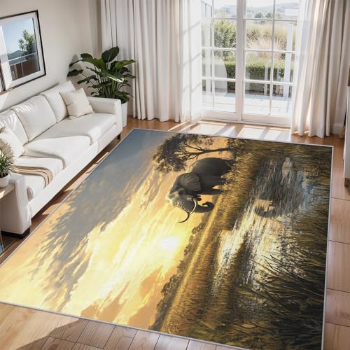 Générique Tapis Salon éléphant D'afrique, Animaux Coucher du Soleil Tapis Poil Ras Doux Antidérapant 80x150cm pour Chambre Salle à Manger Bureau, Décoration...