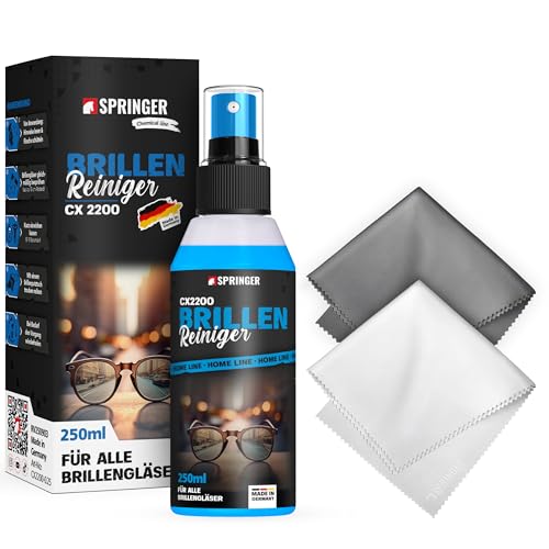 SPRINGER CX2200 - - Brillenreiniger 250 ml - - Made in Germany - - Sanfter Reiniger für alle Brillengläser (Glas & Kunststoff) - - gegen Flecken & Schlieren auf der Brille - - für Brillenputztücher