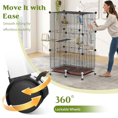Pawaboo Bird Cage, 24.2''L x 16''W x 41''H Flight Cage with Slide-Out Tray, Waterer & Feeder, 360° Movable Metal Breeding Bird Cages with Stand & Perch for Parrot Parakeets Cockatiel Lovebird Finch - Image 4