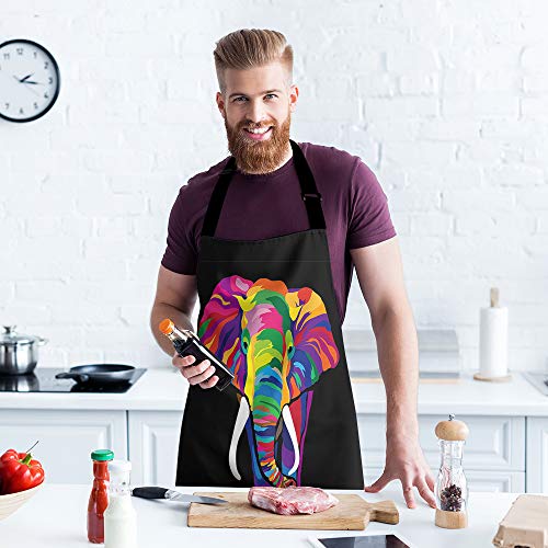 Moslion Elephant Apron 31X27 Inch Rainbow Bright Color African Safari Animal Elephants Ivory Kitchen Chef Waitress Cook Aprons Bib With Adjustable Neck For Women Men Girls #TOP2