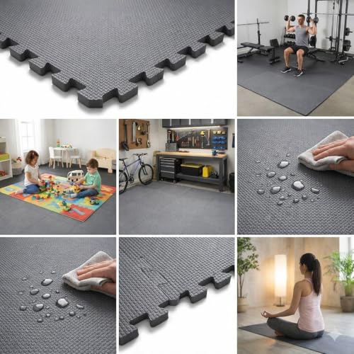 Image of EASY HOME Gym Mats for Floor for Home and Living Room, Interlocking Rubber Floor Gym Mat for Exercise, Super Absorbent EVA Foam Workout Mat- 60x60cm - 12mm Thickness, Grey (Pack of 24-96 Sq Ft Area)