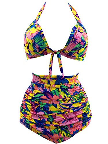 Bigassets Mujeres Vendimia Floral Cintura Alta Trajes de baño Bikini Set XS Cover
