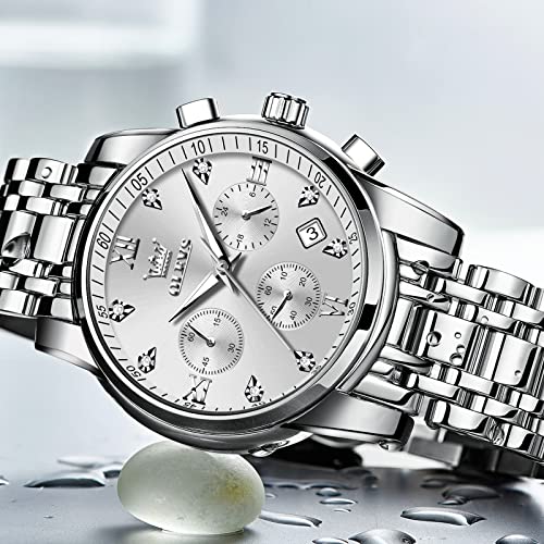 Olevs Silver Stainless Steel Watches For Men Luxury Diamond Watch Men Big Face Waterproof Mens Wristwatch Chronograph Sport Casual Men White Watches Analog Men's Quartz Watch #TOP5
