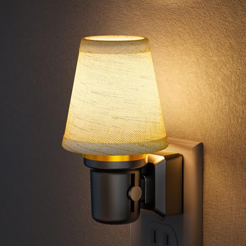 Image of Briignite LED Night Lights Plug into Wall, Linen Fabric Round Platform Decorative Night Light, Dusk to Dawn Sensor,0-100LM Dimmable Vintage Lamp Nightlight for Bedroom Living Room Hallway