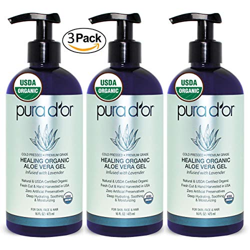 PURA D'OR Organic Aloe Vera Gel, Lavender Scent (3 Pack of 16oz) USDA Certified - Deeply Hydrating, Moisturizing Skin & Hair - Sunburn, Bug Bites, Rashes, Small Cuts, Eczema Relief (Packaging may vary