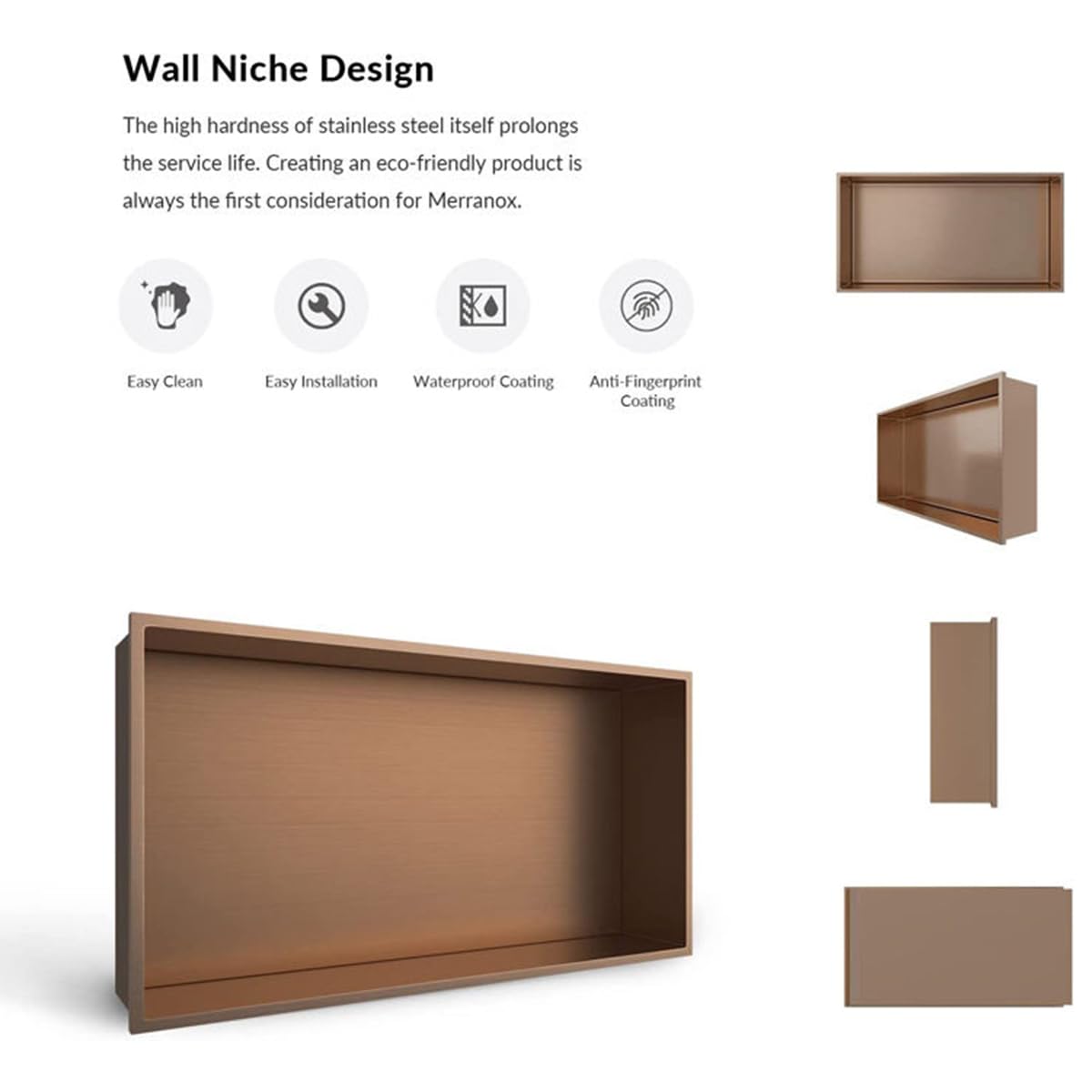 Niche de placard de salle de bain étanche moderne en acier inoxydable 304 pour économiser de l'espace, facile à nettoyer, niche intégrée pour shampooing/articles de toilette, 25,1 x 13,3 i