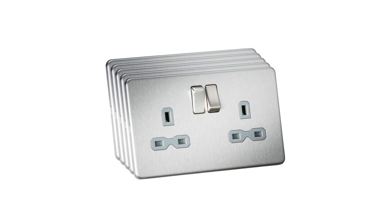 Knightsbridge Brushed Chrome Screwless 13A 2G Dp Switched Socket - With Grey Insert