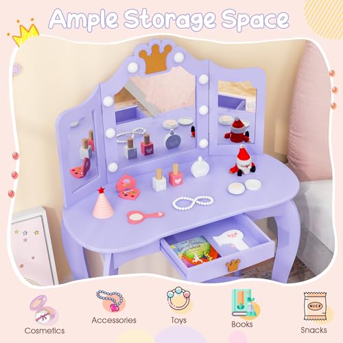 Image of KOTEK Kids Vanity with Lights, Crown Girls Vanity Set w /Tri-Folding Mirror, Detachable Top, Stool & Drawer, Wooden Toddler Makeup Dressing Table, Kids Vanity Table and Chair Set (Violet)