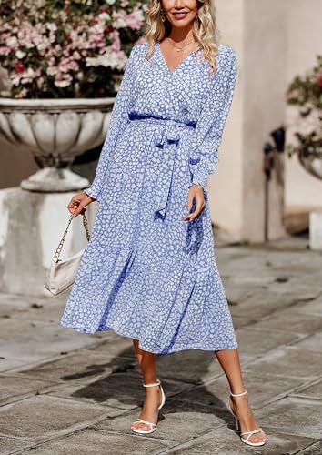 Image of PRETTYGARDEN Women's Floral Boho Dress Fall Long Sleeve Wrap V Neck Ruffle Flowy Maxi Spring Wedding Guest Vacation Dresses