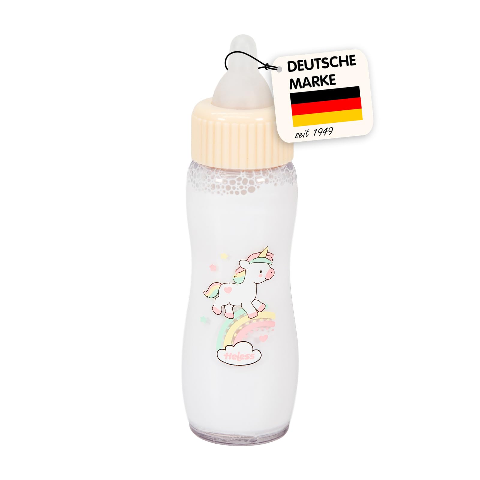 Heless 940 Magic Doll Bottle Unicorn Henri with Beige Lid and Unicorn Motif, Doll Accessories with Trick Milk