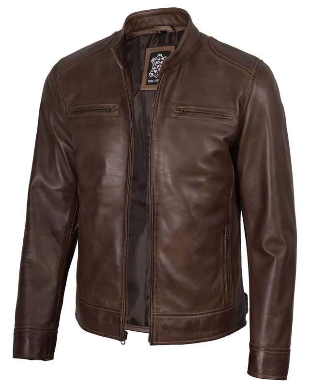 Image of Decrum Mens Leather Jacket - Cafe Racer Style Real Lambskin Leather Jacket Men