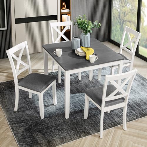 KEIKI 5-Piece Standard Height Dining Table Set with Square Table and 4 X-Shaped Backrest Upholstered Chair, for 4 Person, Modern Wooden Table Set, Easy Assembly, for Kitchen, Dining Room, White+Gray