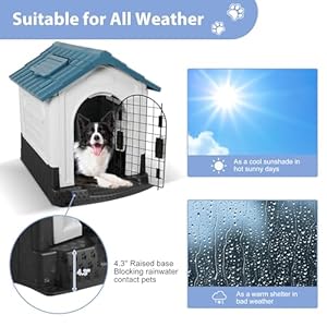 Pitched Roof Dog House with Air Vents and Elevated Floor, 46.4″ Height All Weather Pet Shelter for Small to Medium Dogs, Up to 37.5lbs (Blue)