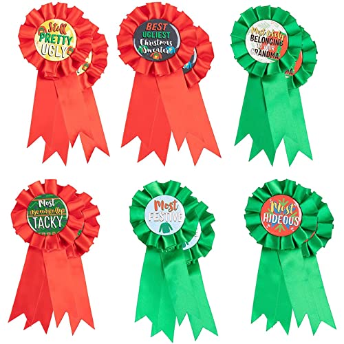 Juvale Ugly Christmas Sweater Award Ribbons, Holiday Party Supplies (6 Designs, 12 Pack)
