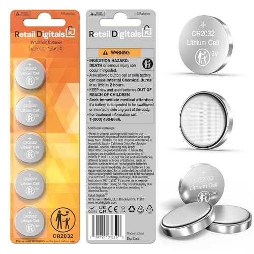 Retail Digitals CR2032 3V Premium Lithium Battery | 5-Pack | Child-Proof Package | 10 Years Warranty | 240 mAh | AirTag Compatible CR2032 3V Coin Batteries