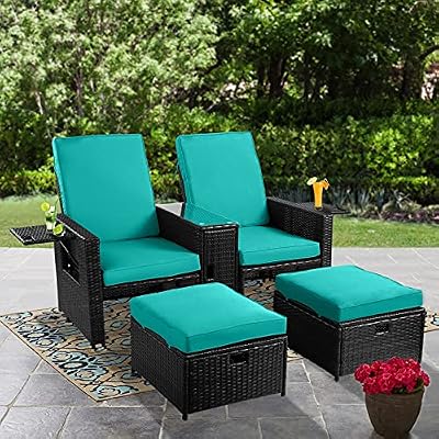 B BAIJIAWEI 5-Piece Patio Wicker Furniture Set Outdoor Rattan Sofa Set Adjustable Lounge Chair with Ottoman, Coffee Table, Cushion for Garden, Pool, Backyard, Balcony, Beach