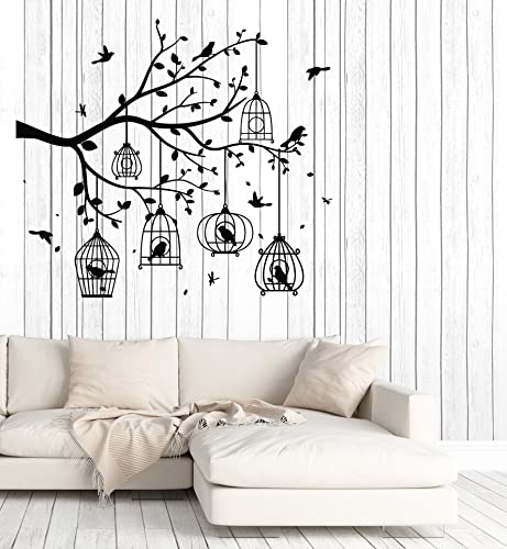 Vinyl Wall Decal Birds Silhouette with Tree and Bird Cages Stickers Mural Large Decor (g7767) Black