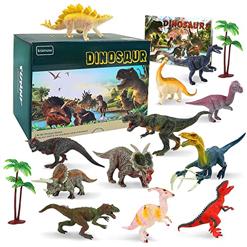 kramow Dinosaurier Figuren Set, Dinosaurier Spielzeug 15 PCS, Realistische Dinosaurier Figur Modell mit Dinosaurierbuch, Geschenk Party Dekoration für Kinder Jungen Mädchen ab 3 4 5 Cover