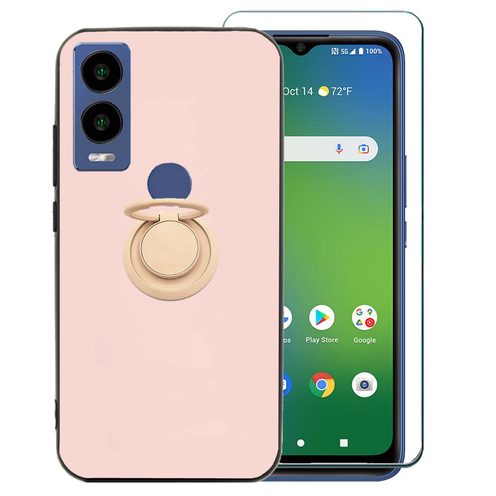 for Cricket Innovate E 5G Case with Screen Protector, Innovate E 5G Case, Solid TPU Case with 360 Rotating Ring Holder Kickstand Flexible Silicone Case for Cricket Innovate E 5G 6.6" -Pink