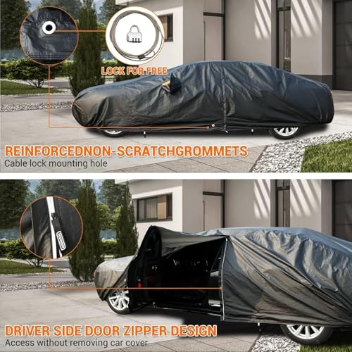 Image of Tecoom All Weather Car Cover Waterproof Windproof Hail Protector with Fleece Lining & Zipper Door, UV Sun Protection, Fit for Sedan (170 inch-190 inch), Black
